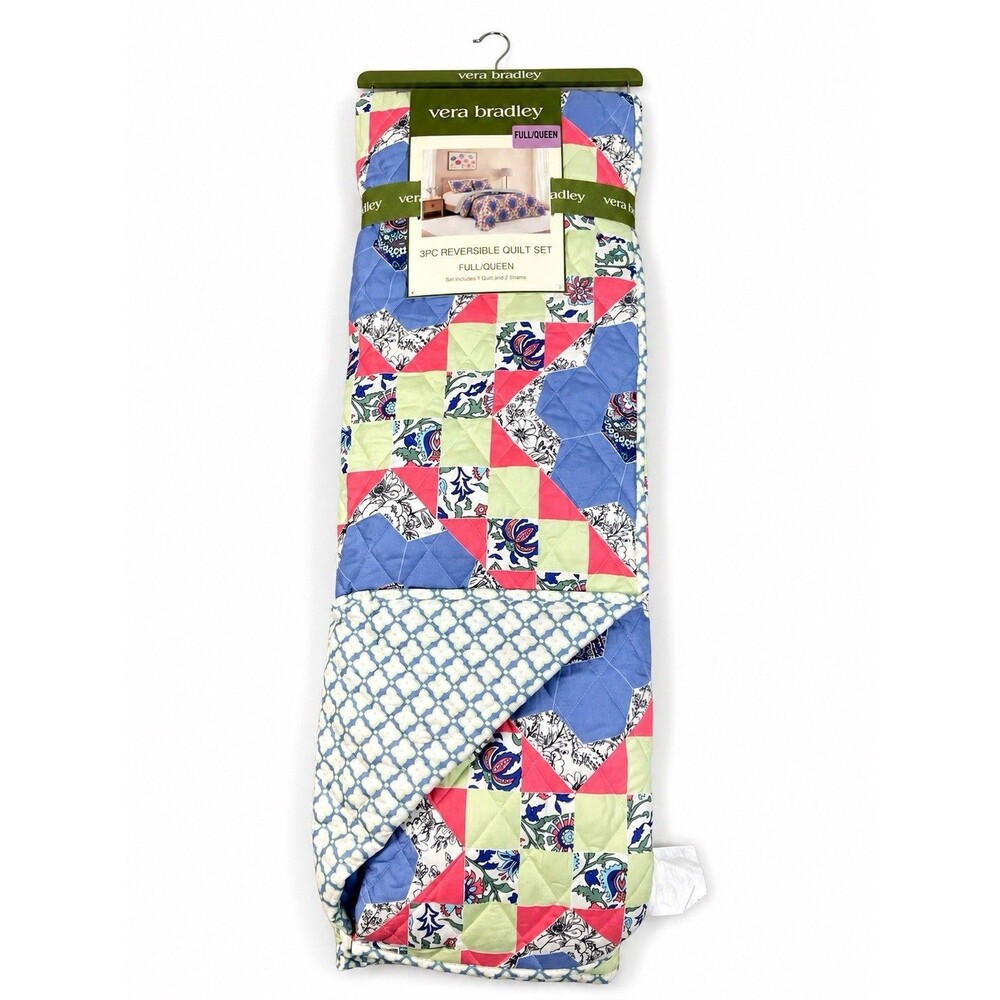 Vera Bradley Full Queen Quilt Set 3 Piece Reversible Floral Patchwork Blue Green